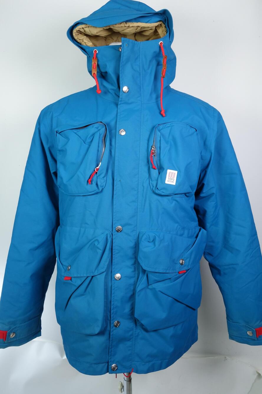 Topo Designs Jacket Mens Medium Blue Hooded Parka PrimaLoft Insulated Outdoor